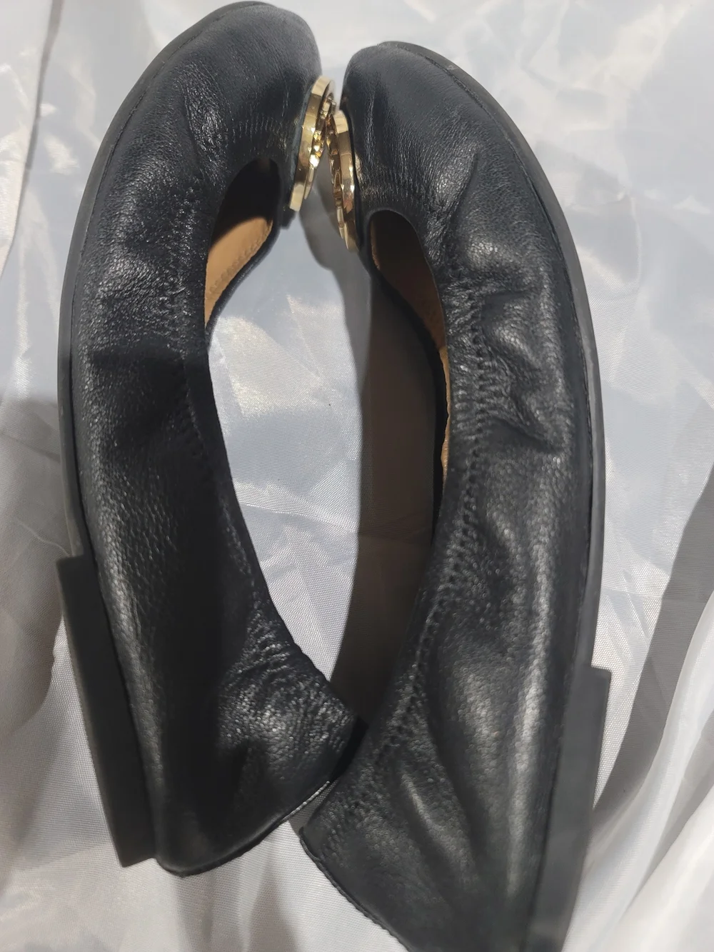Tory Burch Black Leather Reva Ballet Flats Gold Logo Size 10